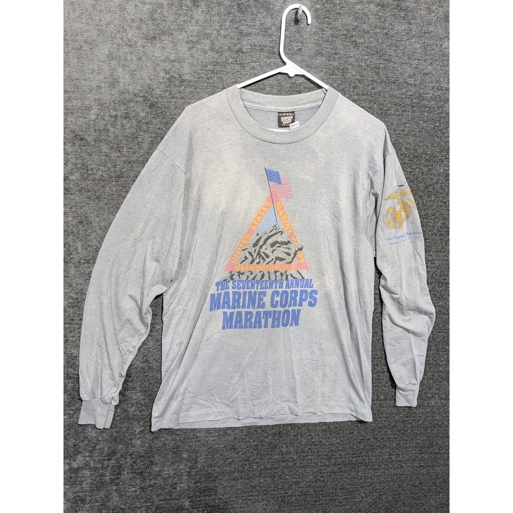 Vintage 1992 Marine Corps Marathon Shirt XL Screen Stars Single Stitch Gray L/S